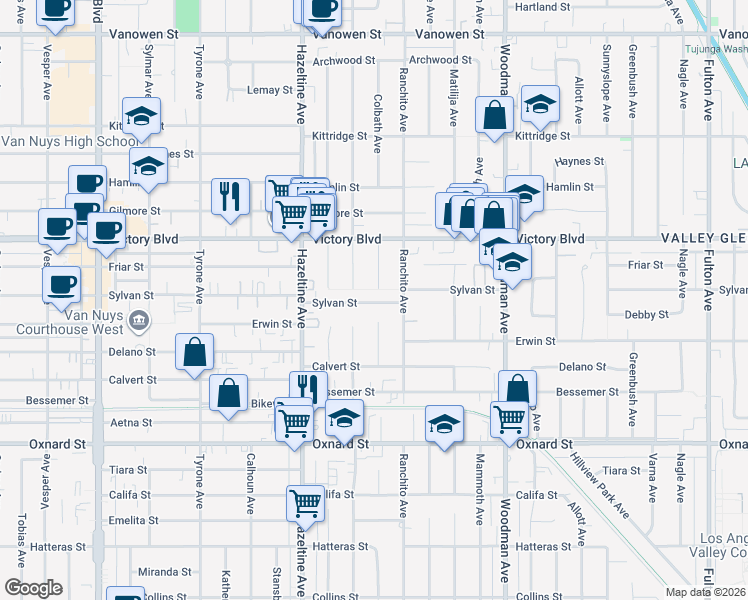 map of restaurants, bars, coffee shops, grocery stores, and more near 13937 Sylvan Street in Los Angeles