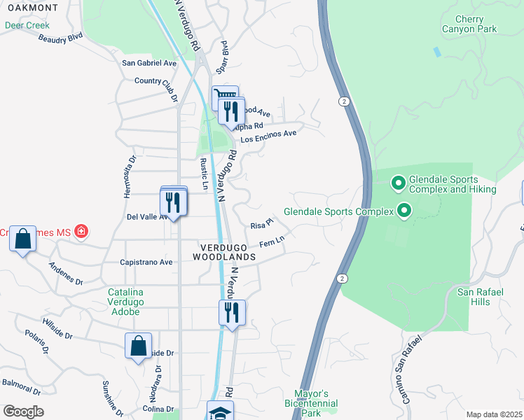 map of restaurants, bars, coffee shops, grocery stores, and more near 2648 Risa Drive in Glendale
