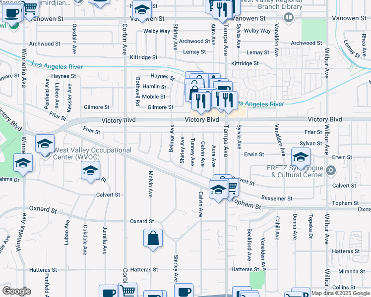 map of restaurants, bars, coffee shops, grocery stores, and more near 6258 Shirley Avenue in Los Angeles