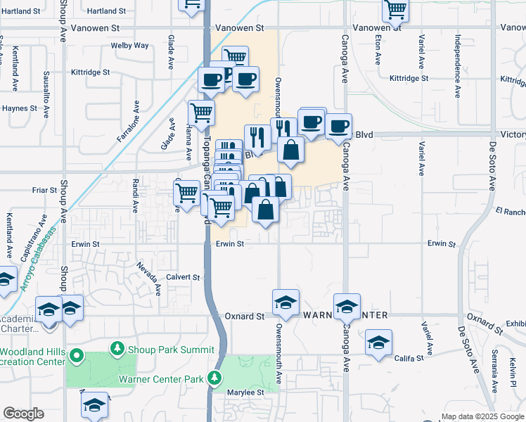 map of restaurants, bars, coffee shops, grocery stores, and more near 6301 Owensmouth Avenue in Los Angeles