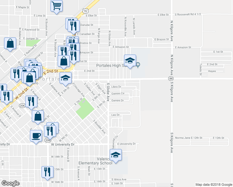 map of restaurants, bars, coffee shops, grocery stores, and more near 1121 Gemini Circle in Portales