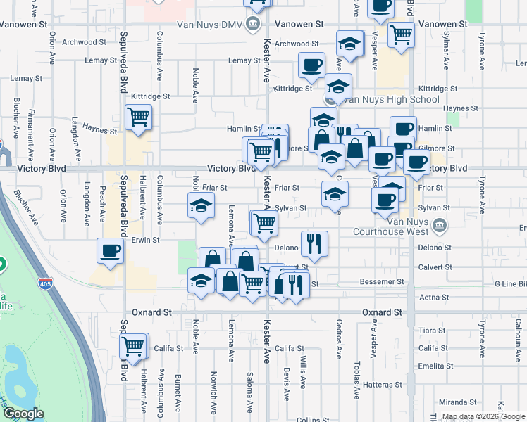 map of restaurants, bars, coffee shops, grocery stores, and more near 6271 Kester Avenue in Los Angeles