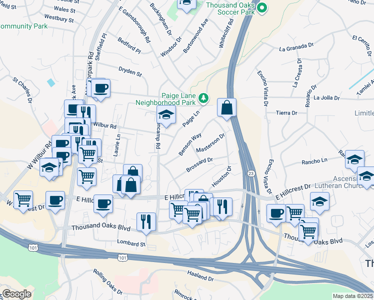 map of restaurants, bars, coffee shops, grocery stores, and more near 662 Benson Way in Thousand Oaks