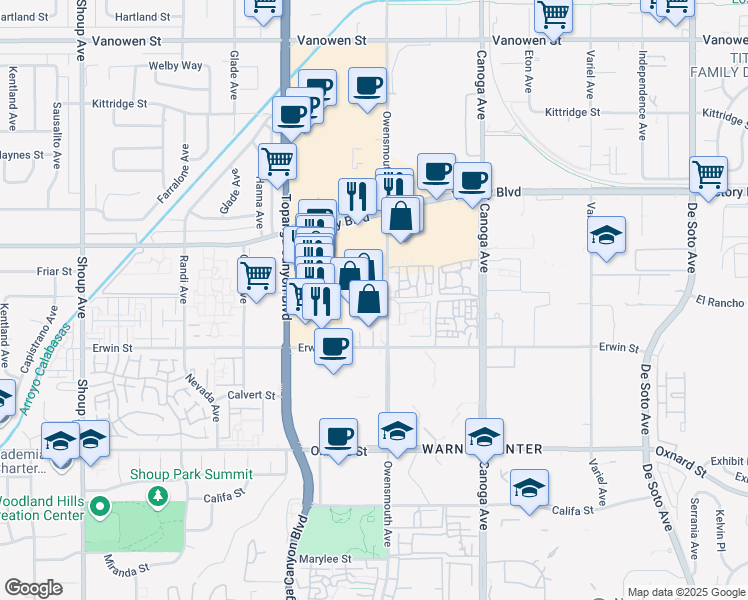 map of restaurants, bars, coffee shops, grocery stores, and more near 6301 Owensmouth Avenue in Los Angeles