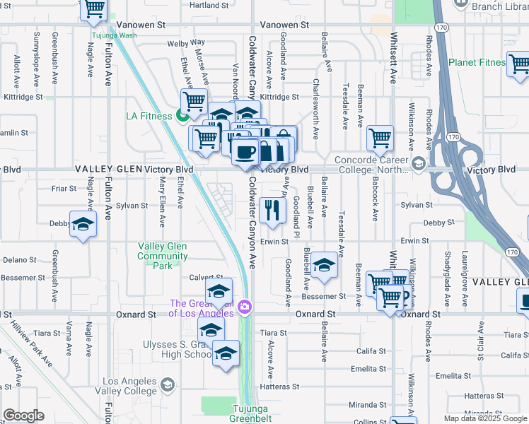 map of restaurants, bars, coffee shops, grocery stores, and more near 6251 Alcove Avenue in Los Angeles