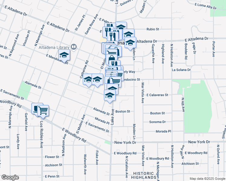 map of restaurants, bars, coffee shops, grocery stores, and more near 2245 North Lake Avenue in Altadena