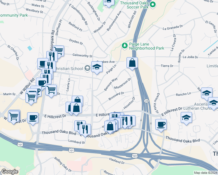 map of restaurants, bars, coffee shops, grocery stores, and more near 662 Benson Way in Thousand Oaks