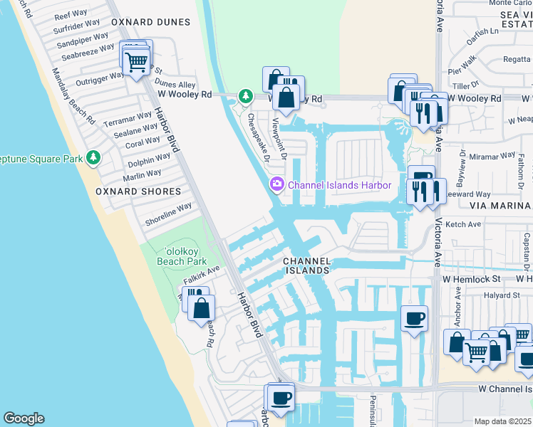 map of restaurants, bars, coffee shops, grocery stores, and more near 4490 Eastbourne Bay in Oxnard