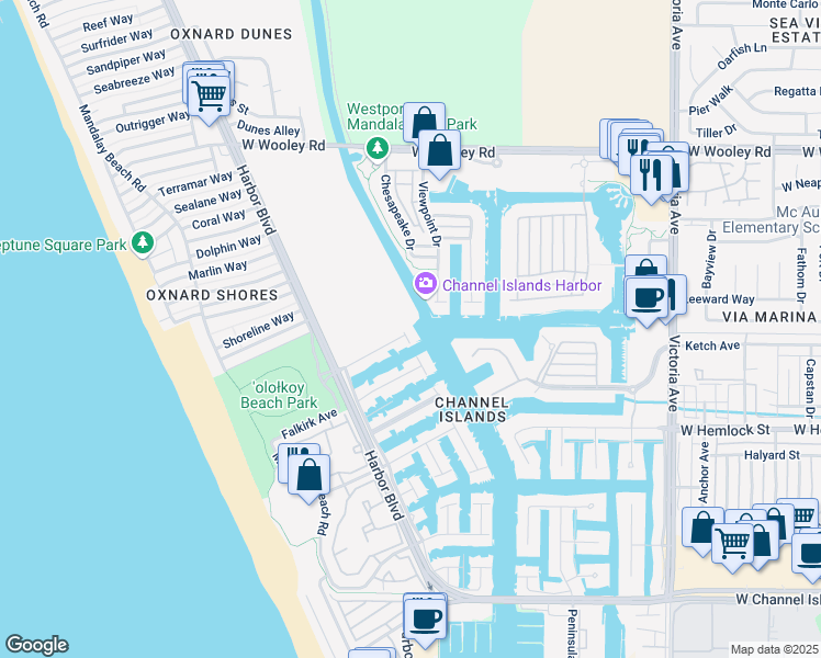 map of restaurants, bars, coffee shops, grocery stores, and more near 4490 Eastbourne Bay in Oxnard