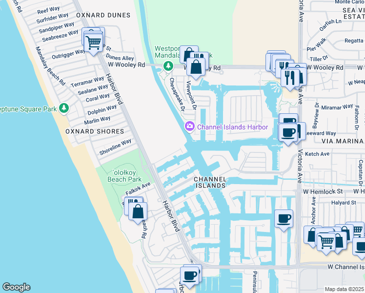 map of restaurants, bars, coffee shops, grocery stores, and more near 4490 Eastbourne Bay in Oxnard