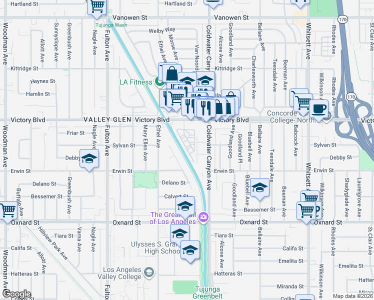 map of restaurants, bars, coffee shops, grocery stores, and more near 6223 Morse Avenue in Los Angeles