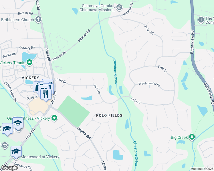 map of restaurants, bars, coffee shops, grocery stores, and more near 6100 Paddock Lane in Cumming