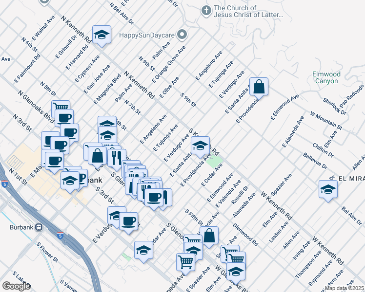 map of restaurants, bars, coffee shops, grocery stores, and more near 706 East Verdugo Avenue in Burbank