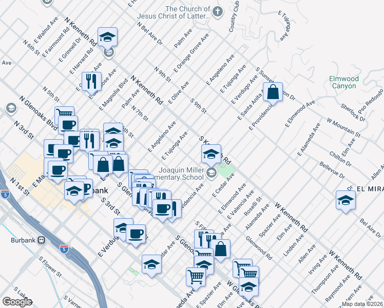 map of restaurants, bars, coffee shops, grocery stores, and more near 706 East Verdugo Avenue in Burbank