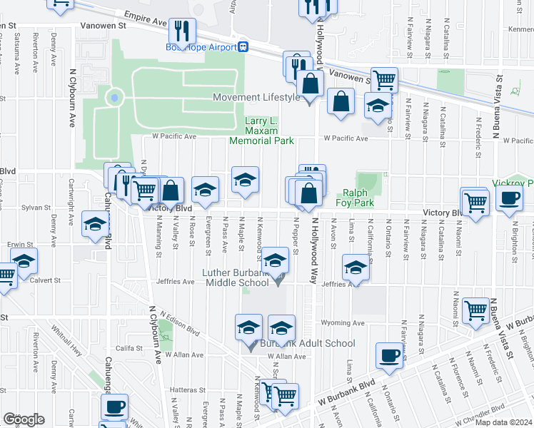 map of restaurants, bars, coffee shops, grocery stores, and more near 3716 West Victory Boulevard in Burbank