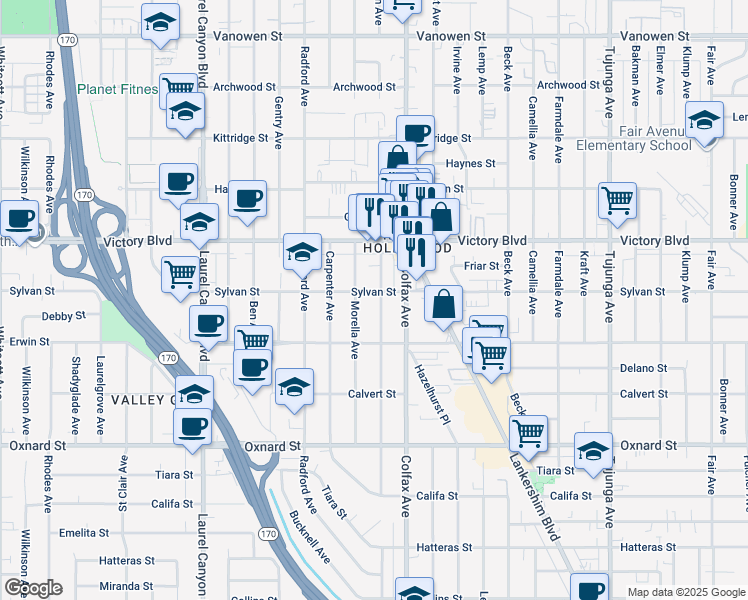 map of restaurants, bars, coffee shops, grocery stores, and more near 6305 Simpson Avenue in Los Angeles