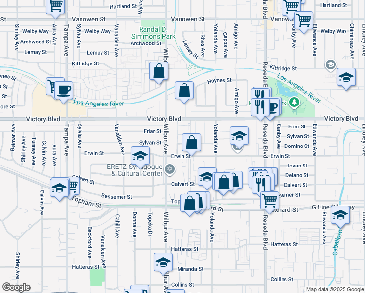 map of restaurants, bars, coffee shops, grocery stores, and more near 18822 Sylvan Street in Los Angeles