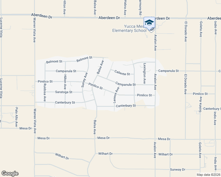 map of restaurants, bars, coffee shops, grocery stores, and more near 58198 Pimlico Street in Yucca Valley