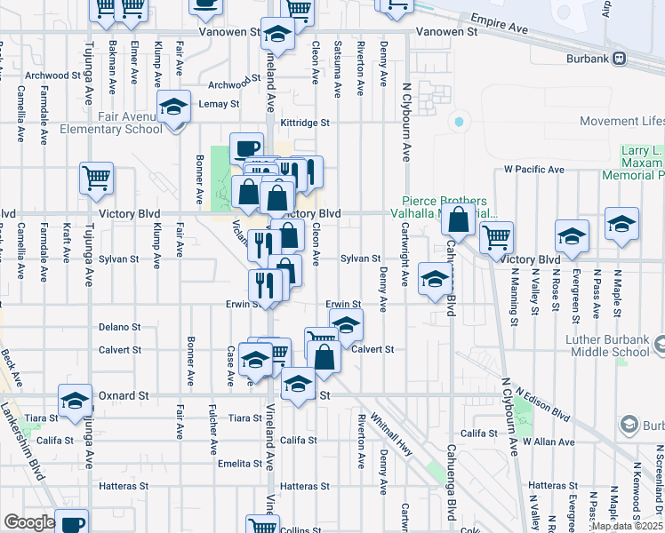 map of restaurants, bars, coffee shops, grocery stores, and more near 6255 Satsuma Avenue in Los Angeles