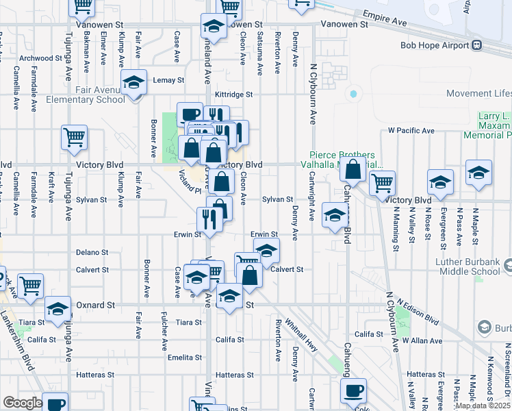 map of restaurants, bars, coffee shops, grocery stores, and more near 6255 Satsuma Avenue in Los Angeles