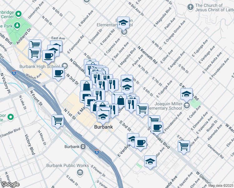 map of restaurants, bars, coffee shops, grocery stores, and more near 427 East Orange Grove Avenue in Burbank