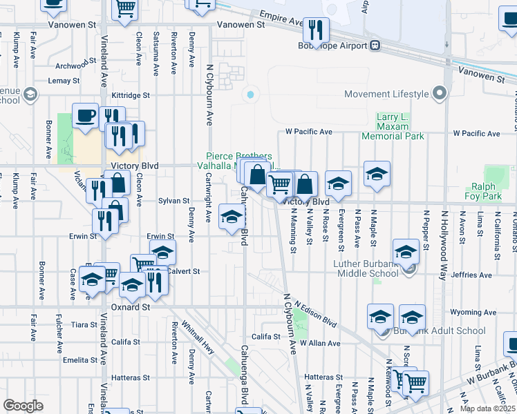 map of restaurants, bars, coffee shops, grocery stores, and more near 6253 Auckland Avenue in Los Angeles