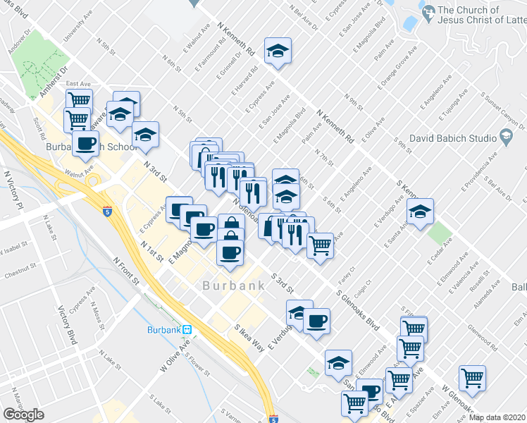 map of restaurants, bars, coffee shops, grocery stores, and more near 427 East Orange Grove Avenue in Burbank
