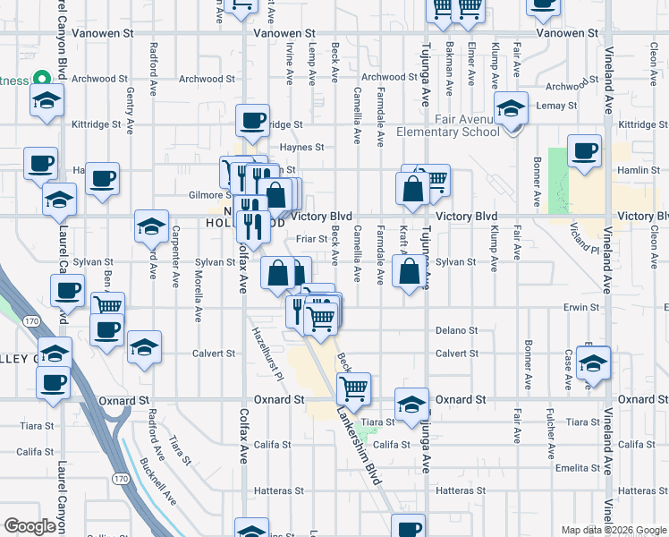 map of restaurants, bars, coffee shops, grocery stores, and more near 6302 Beck Avenue in Los Angeles