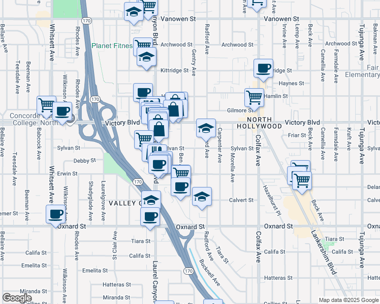 map of restaurants, bars, coffee shops, grocery stores, and more near 6261 Gentry Avenue in Los Angeles