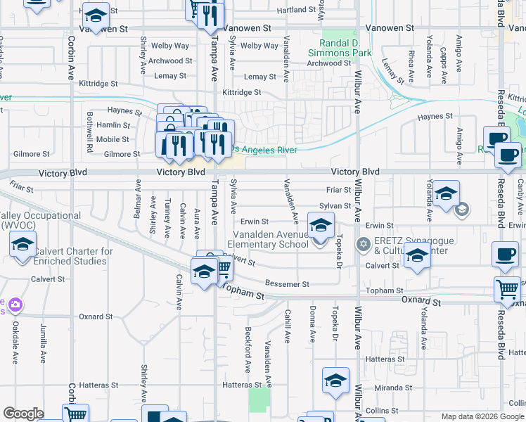 map of restaurants, bars, coffee shops, grocery stores, and more near 19161 Sylvan Street in Los Angeles