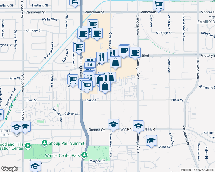 map of restaurants, bars, coffee shops, grocery stores, and more near 6303 Owensmouth Avenue in Los Angeles