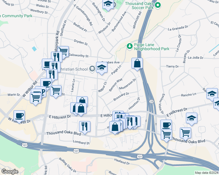 map of restaurants, bars, coffee shops, grocery stores, and more near 679 Benson Way in Thousand Oaks