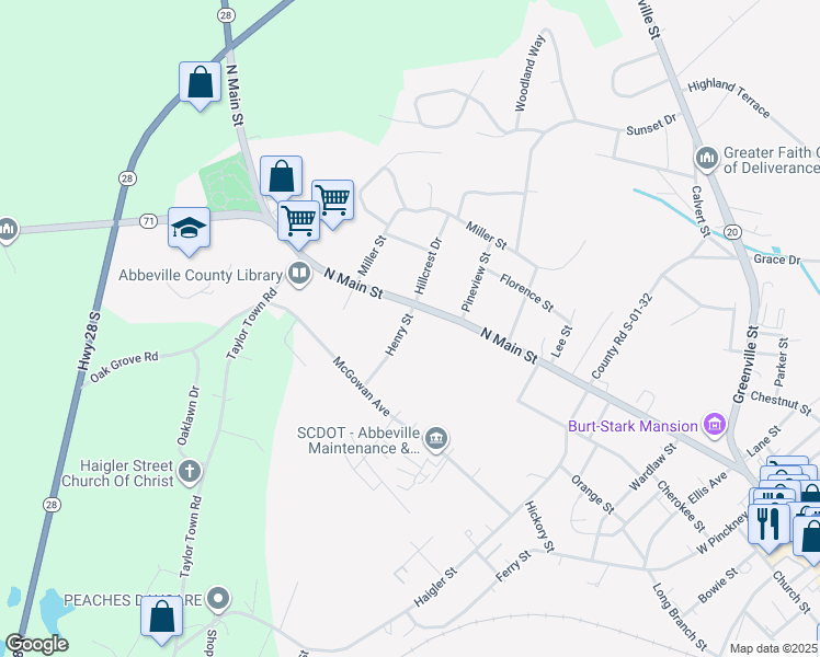 map of restaurants, bars, coffee shops, grocery stores, and more near 1303 North Main Street in Abbeville