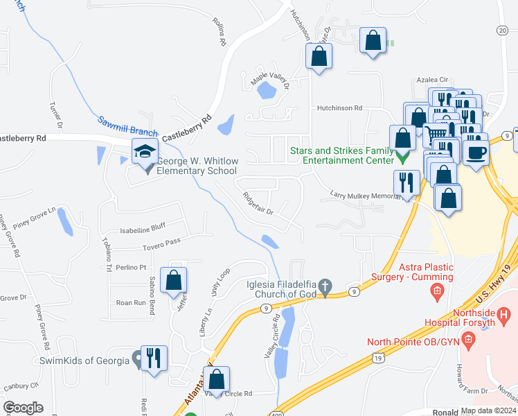 map of restaurants, bars, coffee shops, grocery stores, and more near 4395 Ridgefair Drive in Cumming