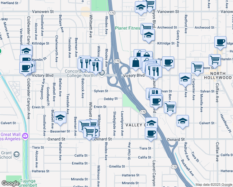 map of restaurants, bars, coffee shops, grocery stores, and more near 12322 Sylvan Street in Los Angeles