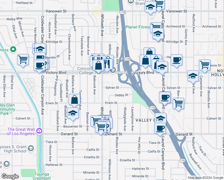 map of restaurants, bars, coffee shops, grocery stores, and more near 12422 Sylvan Street in Los Angeles