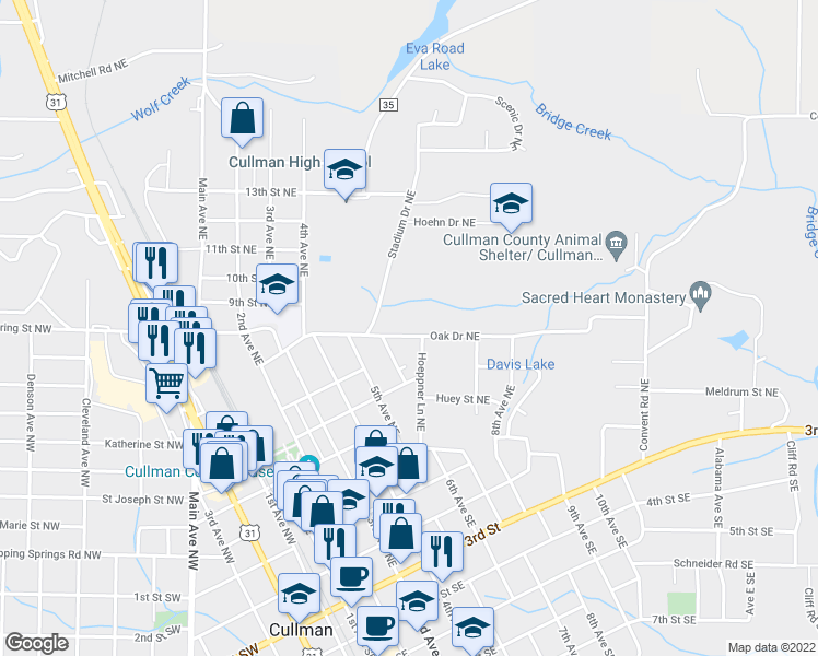map of restaurants, bars, coffee shops, grocery stores, and more near 615 Oak Drive Northeast in Cullman