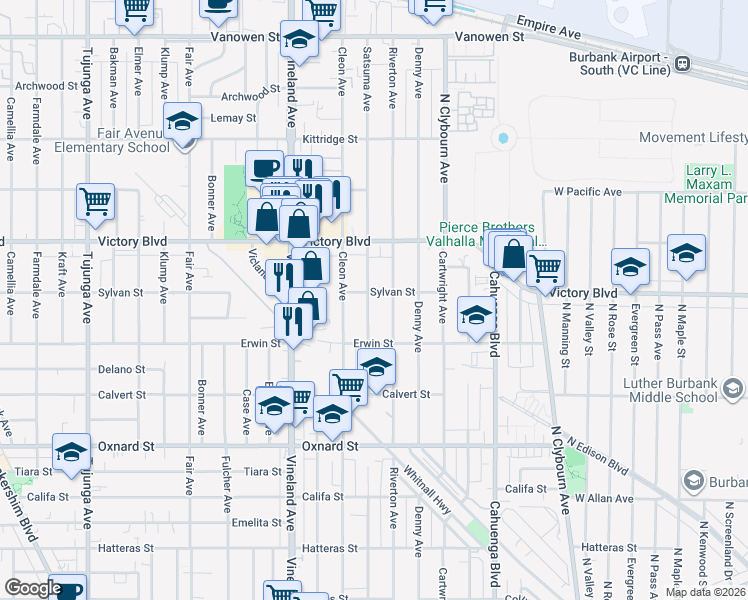 map of restaurants, bars, coffee shops, grocery stores, and more near 6302 Satsuma Avenue in Los Angeles