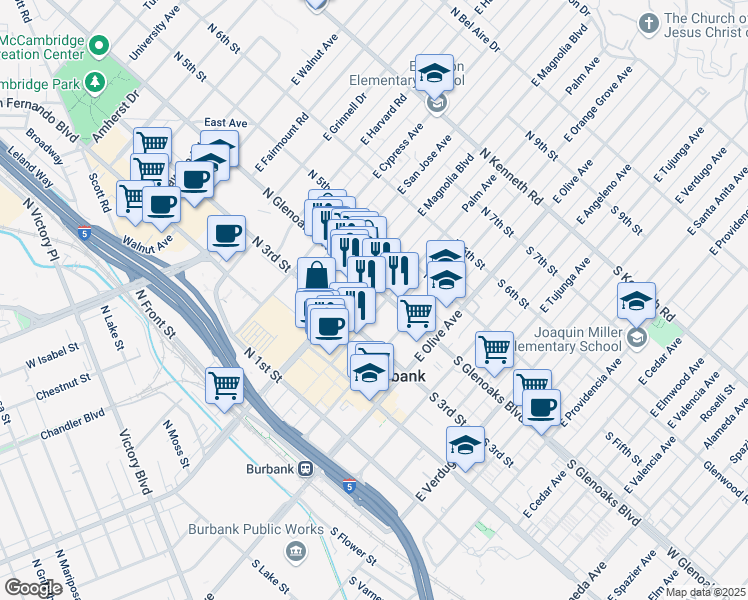 map of restaurants, bars, coffee shops, grocery stores, and more near in Burbank
