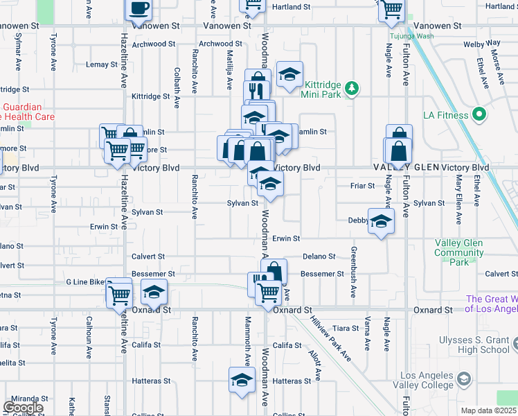 map of restaurants, bars, coffee shops, grocery stores, and more near 6255 Woodman Avenue in Los Angeles