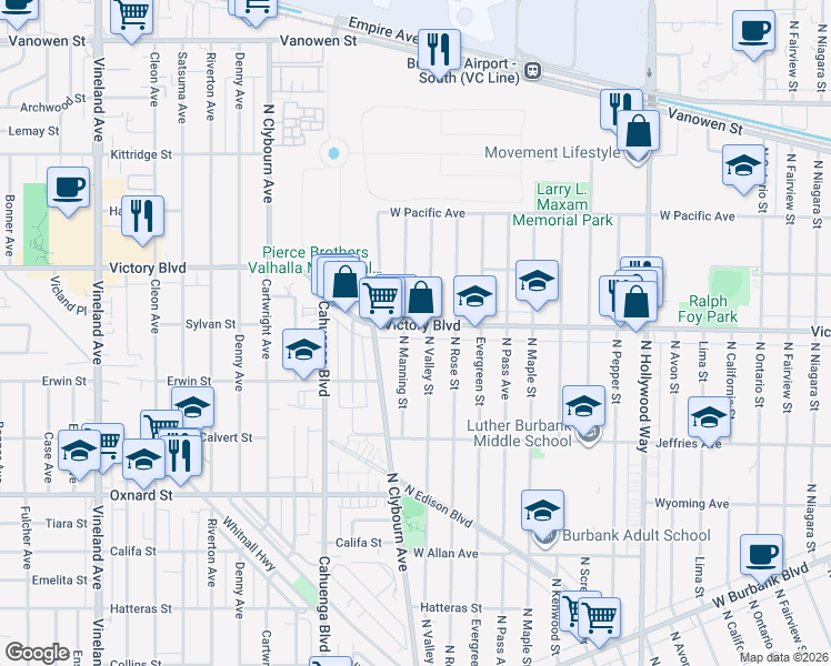 map of restaurants, bars, coffee shops, grocery stores, and more near 4310 West Victory Boulevard in Burbank