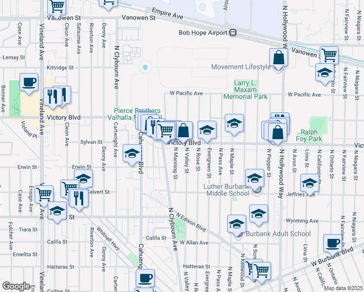 map of restaurants, bars, coffee shops, grocery stores, and more near 4310 West Victory Boulevard in Burbank