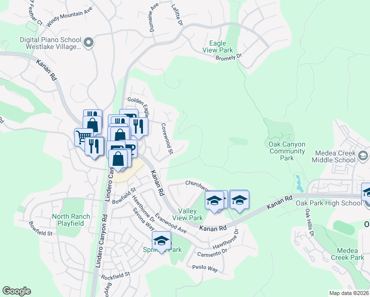 map of restaurants, bars, coffee shops, grocery stores, and more near 5092 Benedict Court in Oak Park