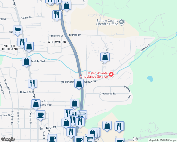 map of restaurants, bars, coffee shops, grocery stores, and more near 855 Rowland Springs Road in Cartersville