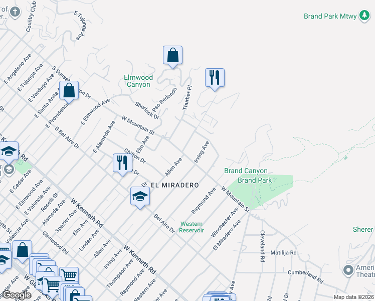 map of restaurants, bars, coffee shops, grocery stores, and more near 1861 West Mountain Street in Glendale