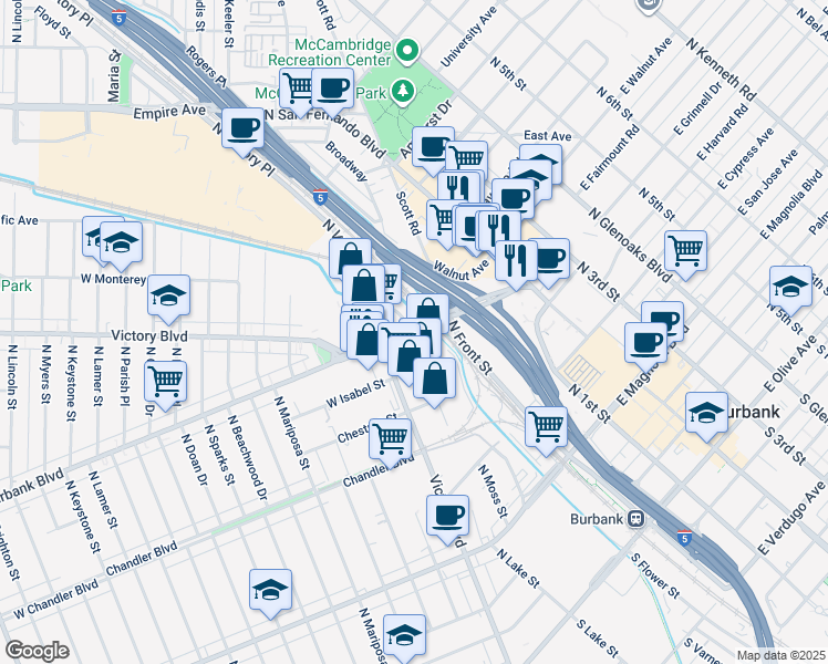map of restaurants, bars, coffee shops, grocery stores, and more near 20 West Burbank Boulevard in Burbank