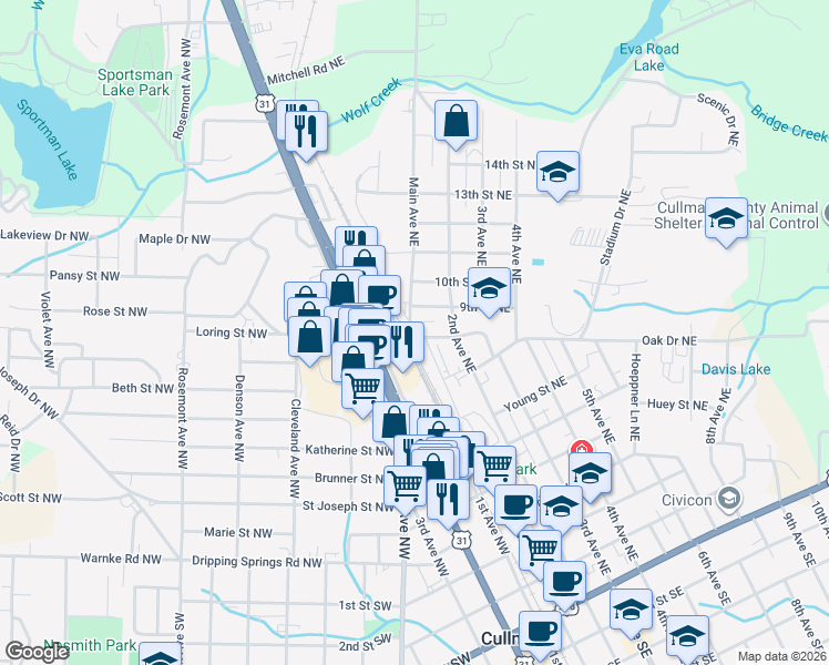 map of restaurants, bars, coffee shops, grocery stores, and more near 802 Main Avenue Northeast in Cullman