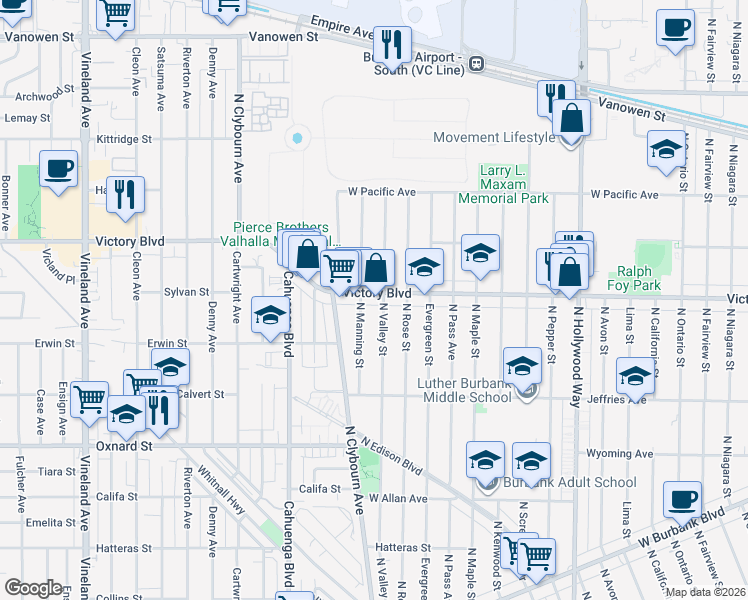 map of restaurants, bars, coffee shops, grocery stores, and more near 2100 North Valley Street in Burbank