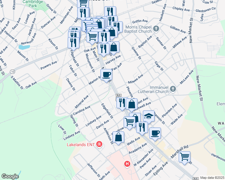 map of restaurants, bars, coffee shops, grocery stores, and more near 906 Main Street in Greenwood