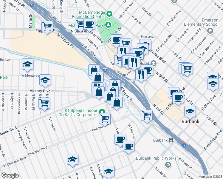 map of restaurants, bars, coffee shops, grocery stores, and more near 20 West Burbank Boulevard in Burbank